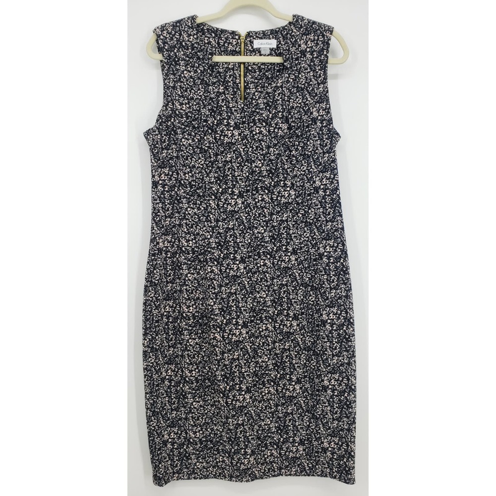 Calvin Klein Sheath Dress 14 Abstract Textured Knit Fitted Work Career Black Tan